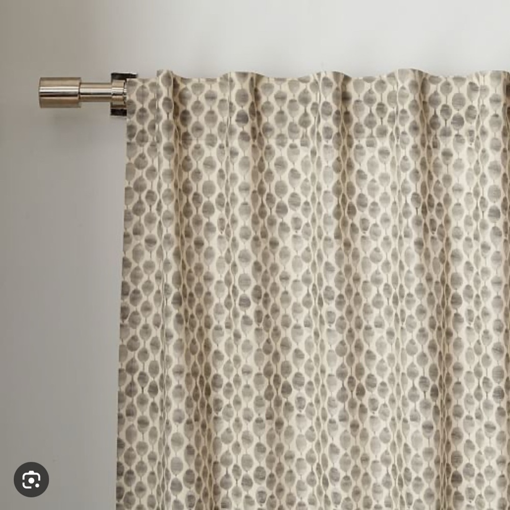 Set of two panels.   West Elm Cotton Stamped Dot Curtain Platnium Drape 48 X 108